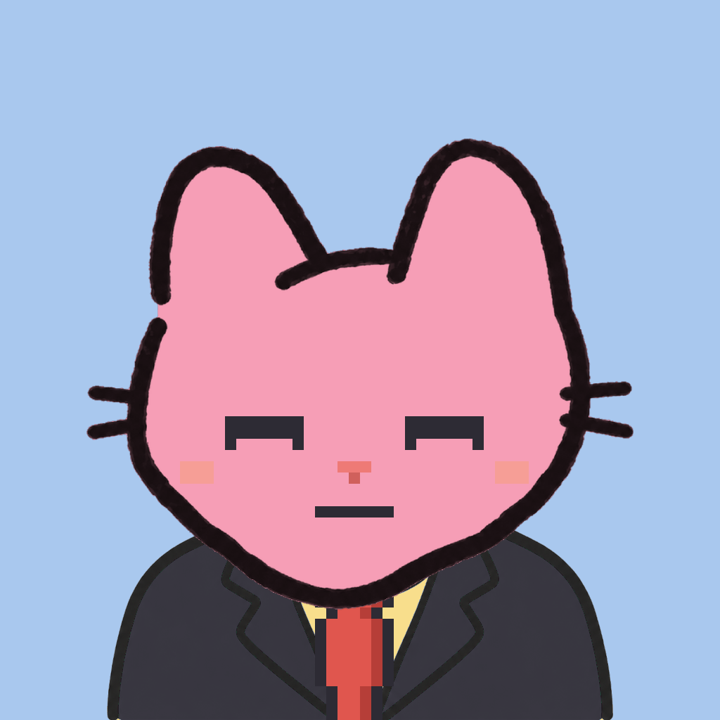 Employee #2603 — a pink cat, in a black suit, with a red tie, on sky