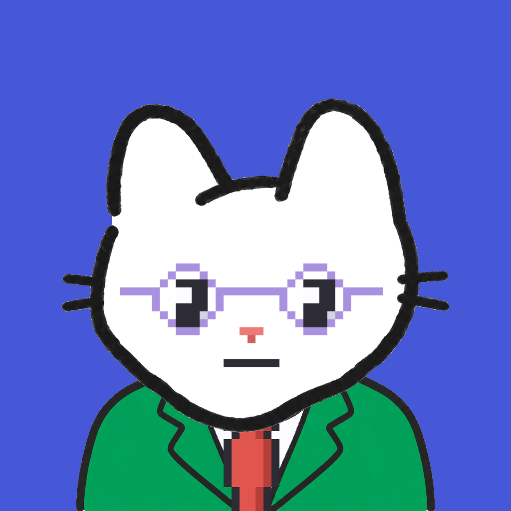 Employee #2604 — a white cat, in a green suit, with a red tie, wearing round-lavender glasses, on royal