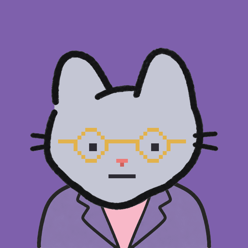 Employee #2605 — a gray cat, in a lavender suit, wearing round-gold glasses, on plasma violet