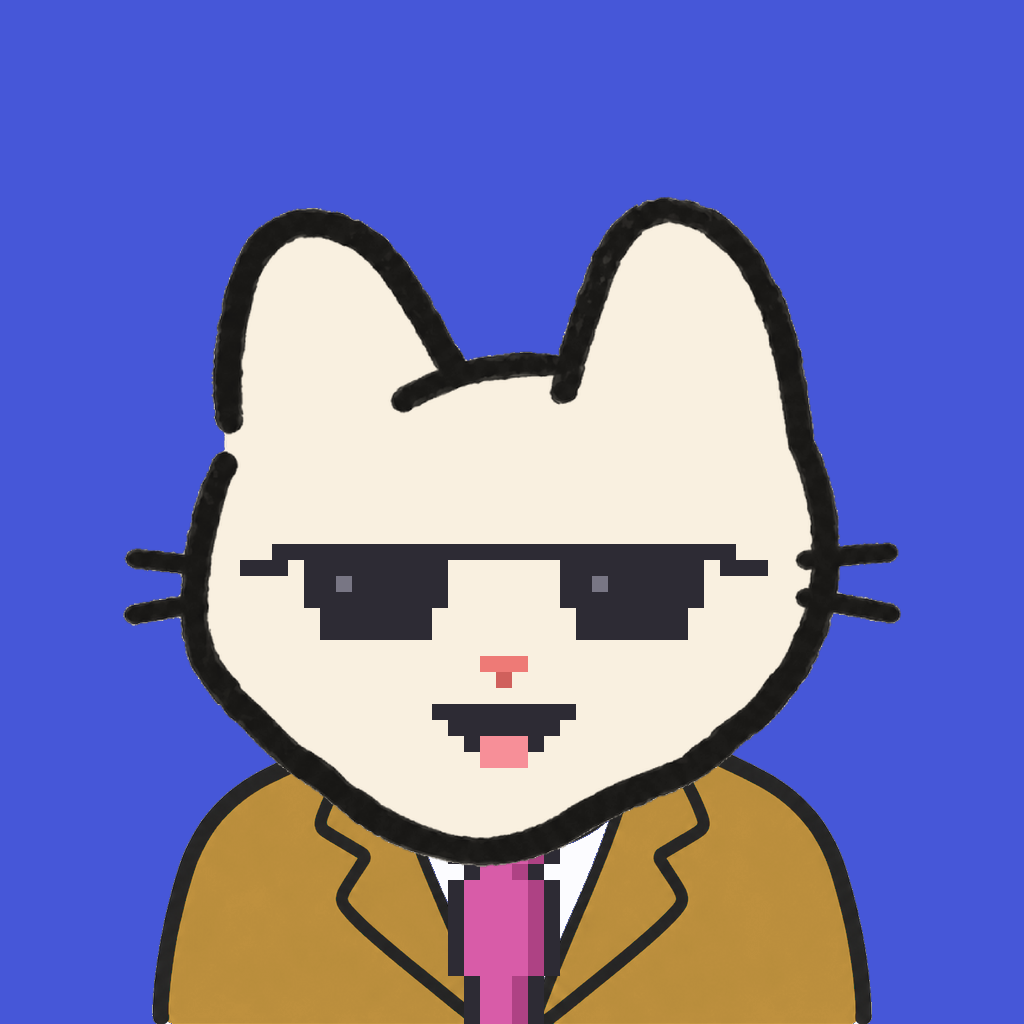 Employee #2606 — a cream cat, in a mustard suit, with a magenta tie, wearing shades glasses, on royal
