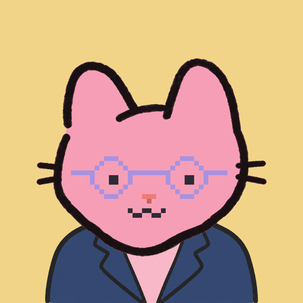Employee #2607 — a pink cat, in a navy suit, wearing round-lavender glasses, on butter