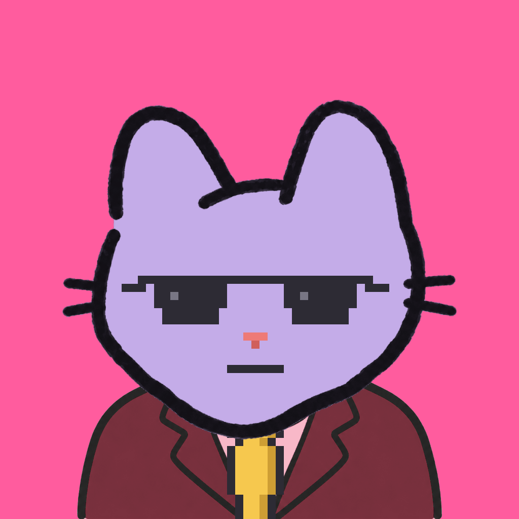 Employee #2608 — a lavender cat, in a burgundy suit, with a gold tie, wearing shades glasses, on hot pink