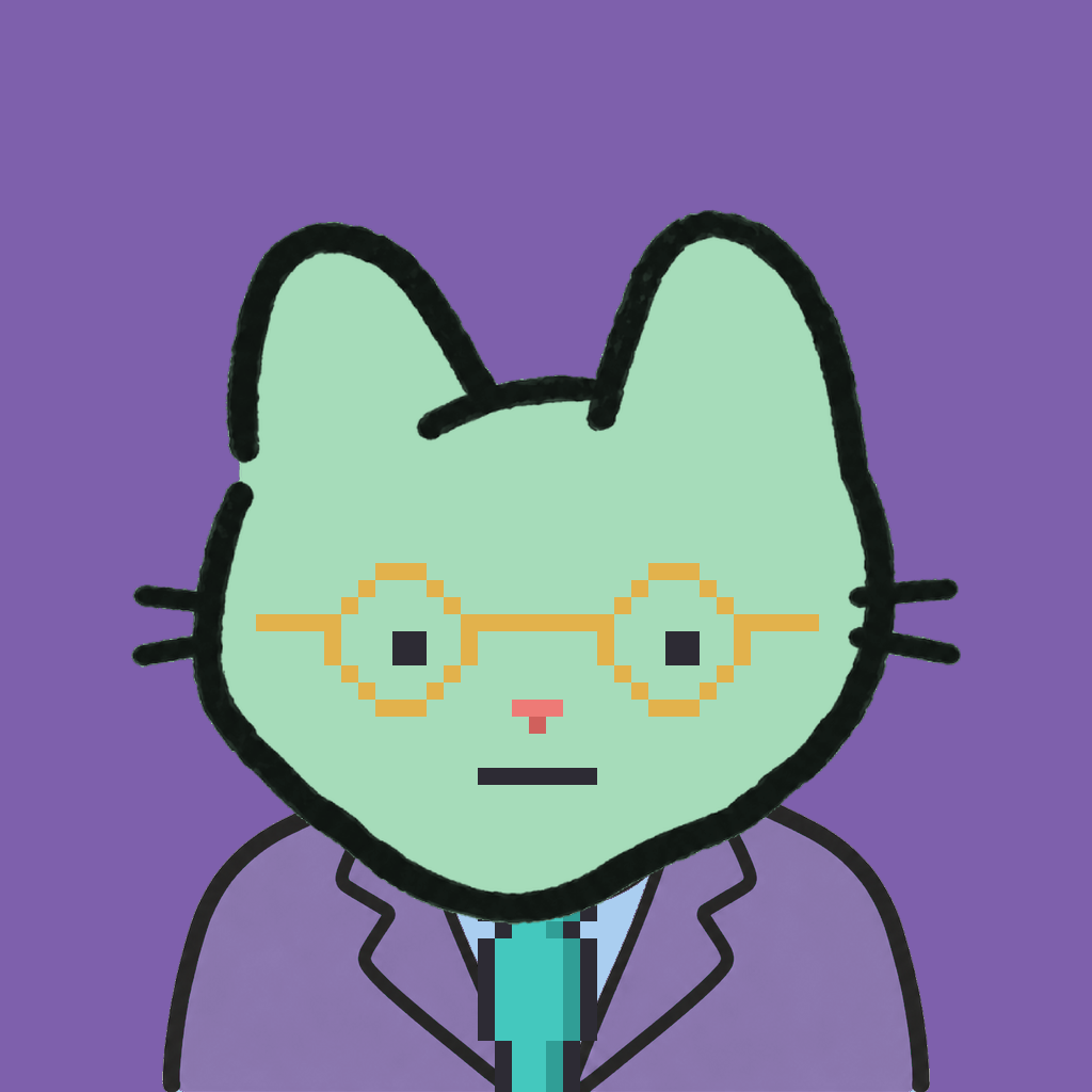Employee #2609 — a mint cat, in a lavender suit, with a teal tie, wearing round-gold glasses, on plasma violet