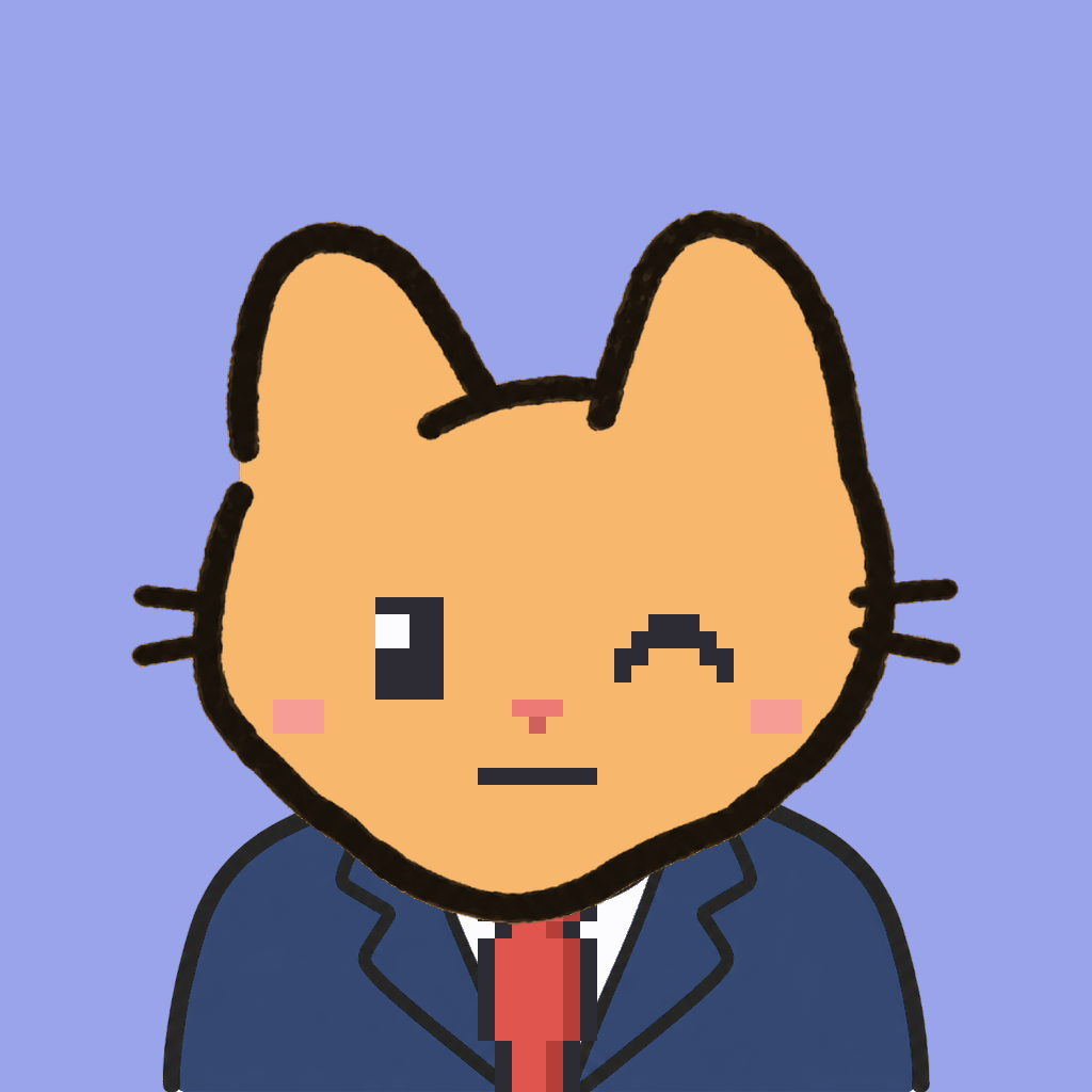 Employee #0261 — a tabby cat, in a navy suit, with a red tie, on periwinkle