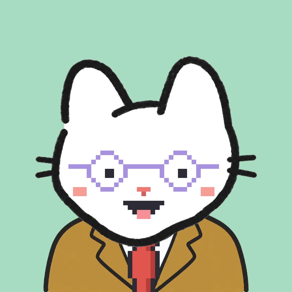 Employee #2610 — a white cat, in a mustard suit, with a red tie, wearing round-lavender glasses, on mint