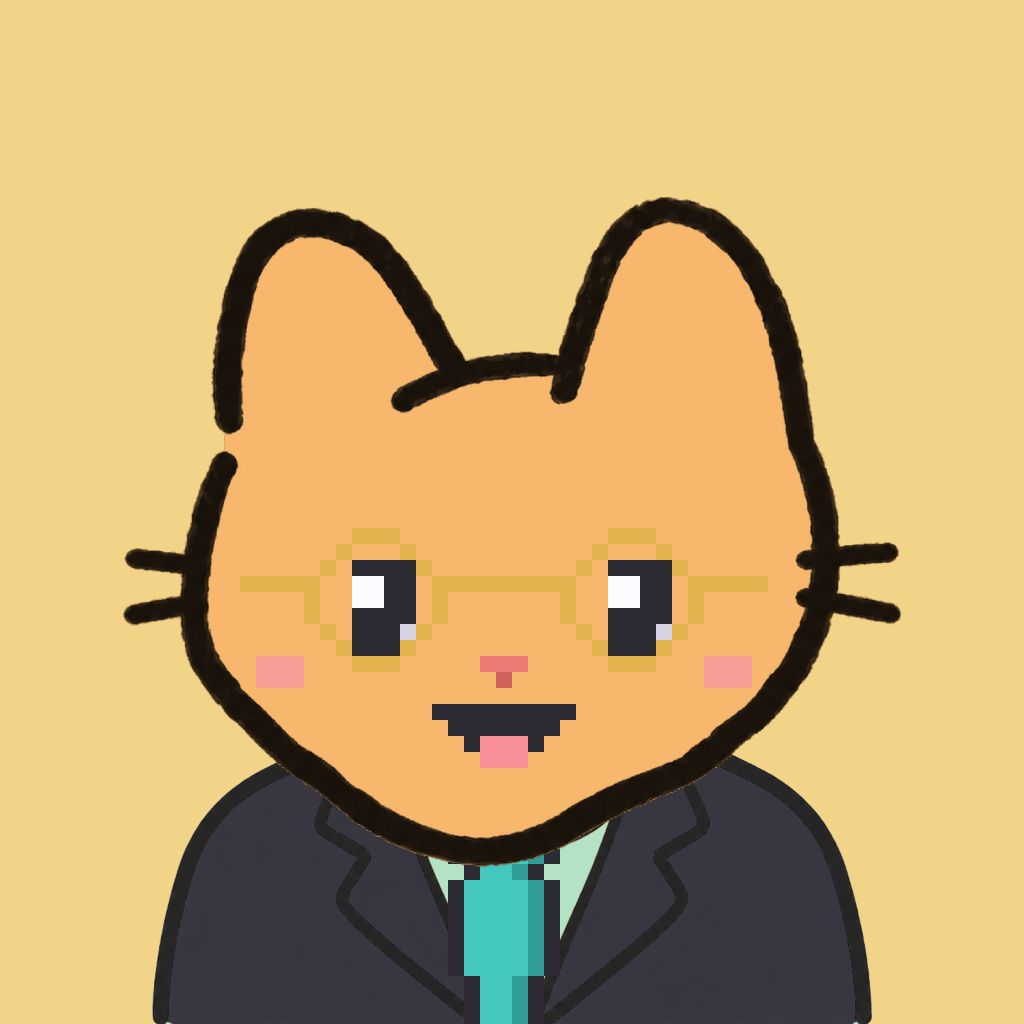 Employee #2611 — a tabby cat, in a black suit, with a teal tie, wearing round-gold glasses, on butter