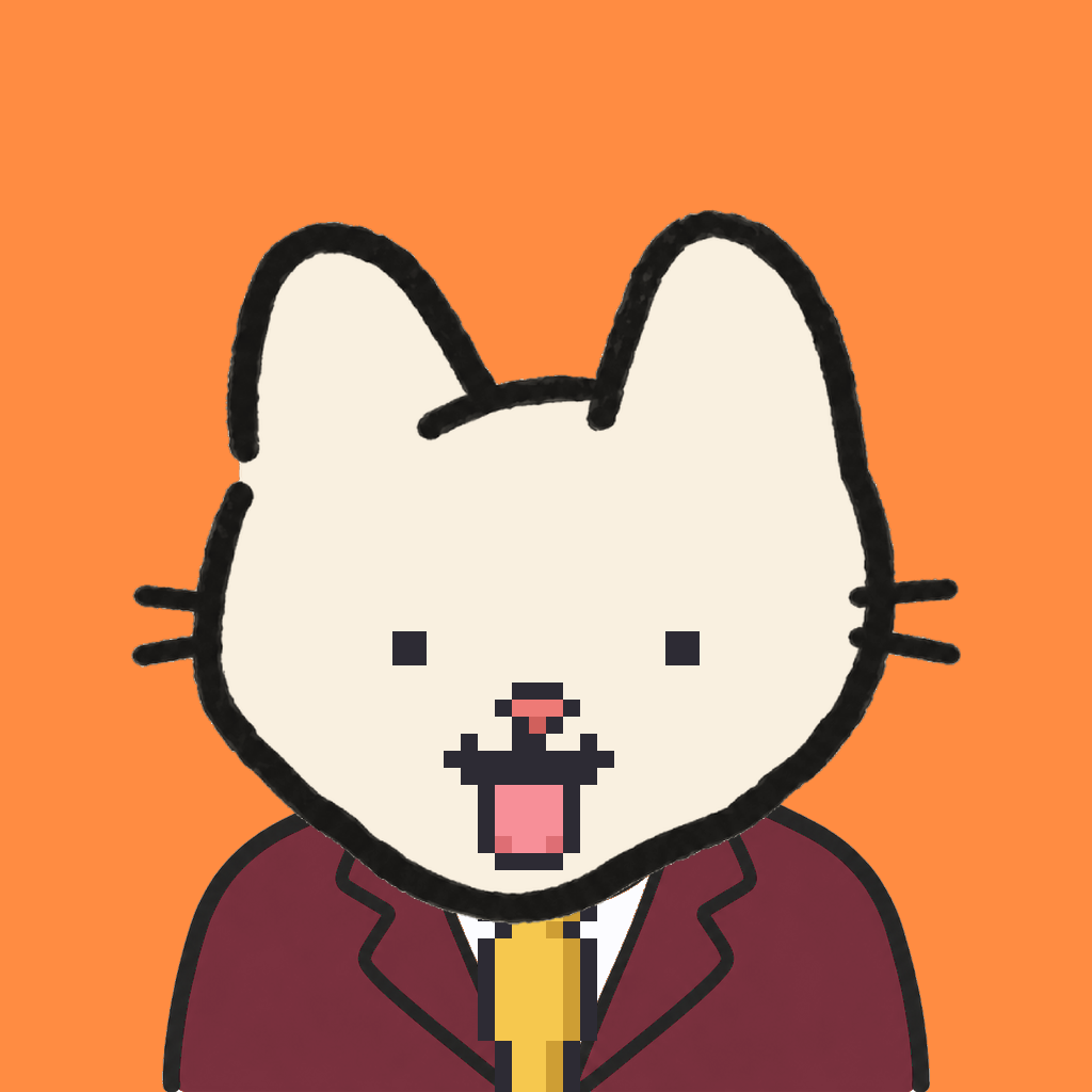 Employee #2612 — a cream cat, in a burgundy suit, with a gold tie, on tangerine