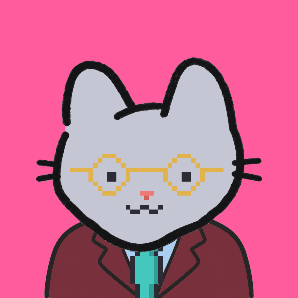 Employee #2613 — a gray cat, in a burgundy suit, with a teal tie, wearing round-gold glasses, on hot pink