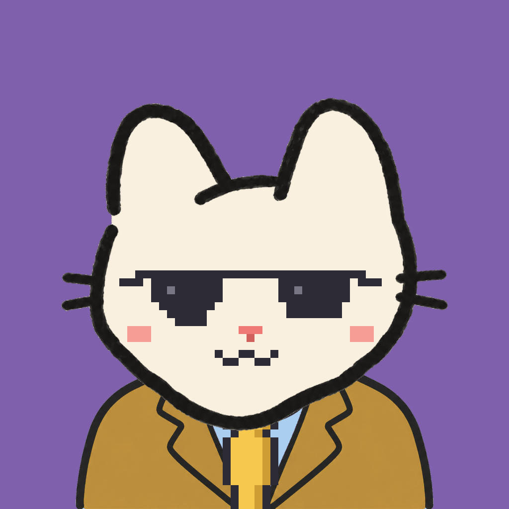 Employee #2614 — a cream cat, in a mustard suit, with a gold tie, wearing shades glasses, on plasma violet