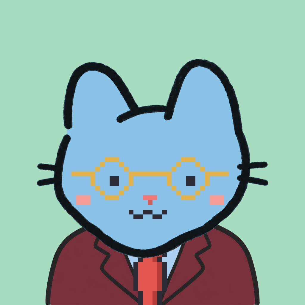 Employee #2615 — a sky cat, in a burgundy suit, with a red tie, wearing round-gold glasses, on mint