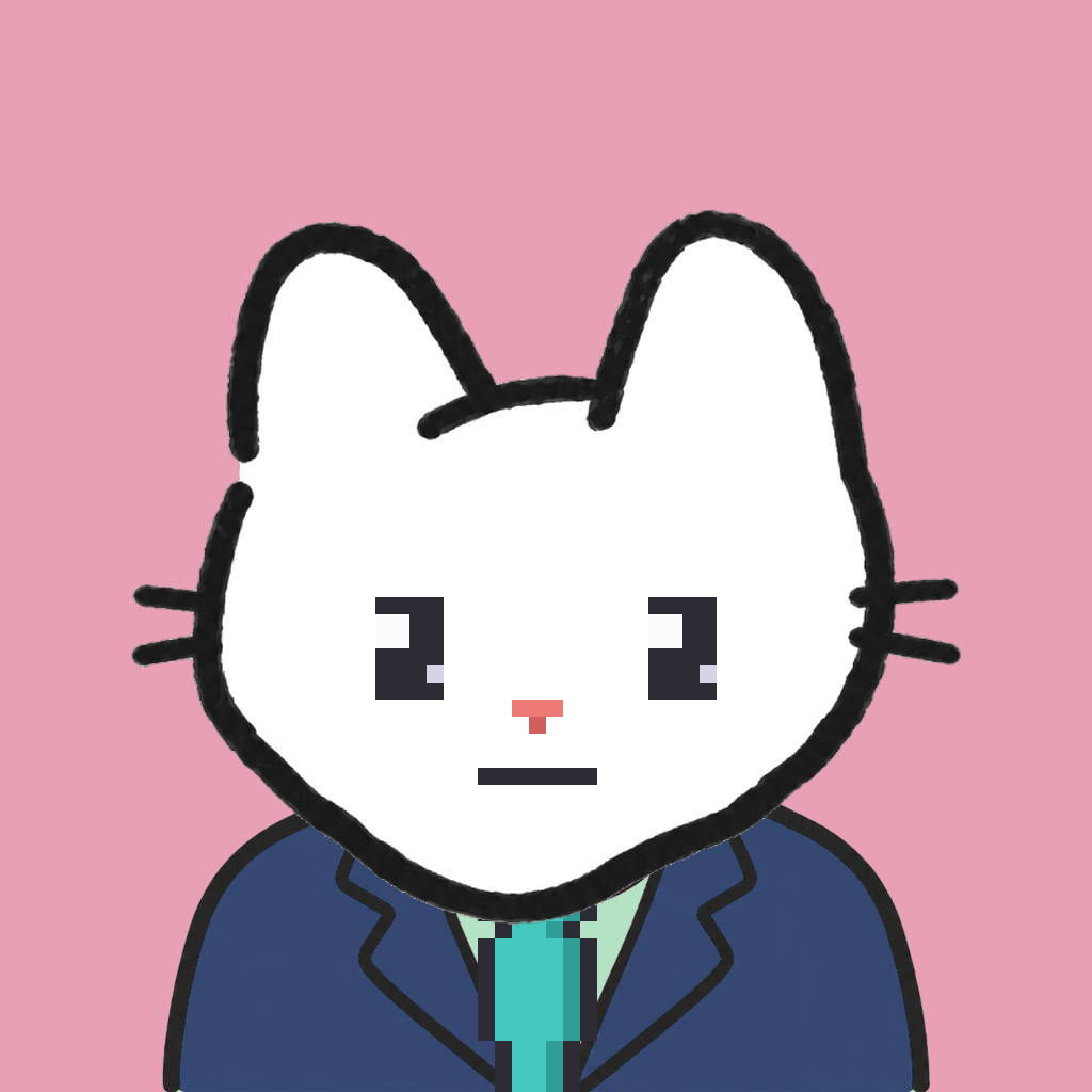 Employee #2616 — a white cat, in a navy suit, with a teal tie, on rose