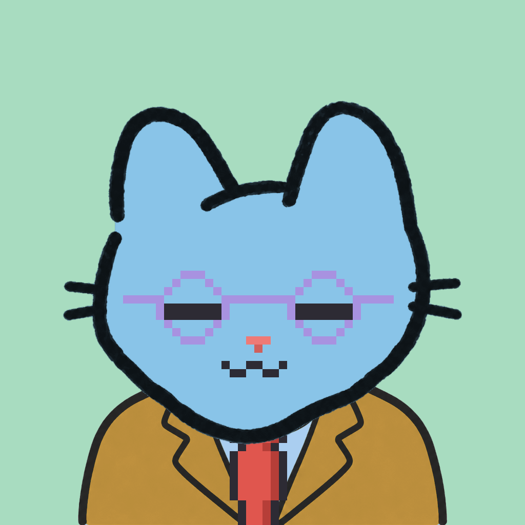 Employee #2617 — a sky cat, in a mustard suit, with a red tie, wearing round-lavender glasses, on mint