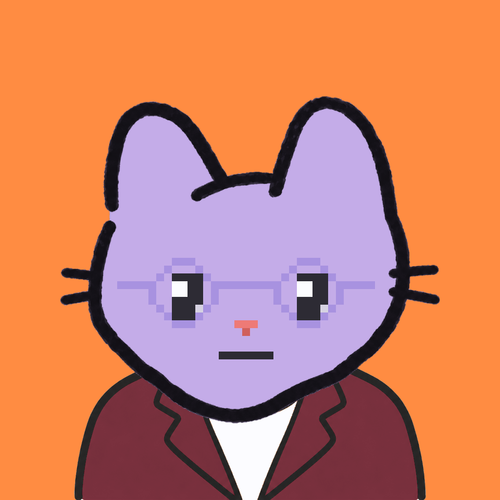 Employee #2618 — a lavender cat, in a burgundy suit, wearing round-lavender glasses, on tangerine