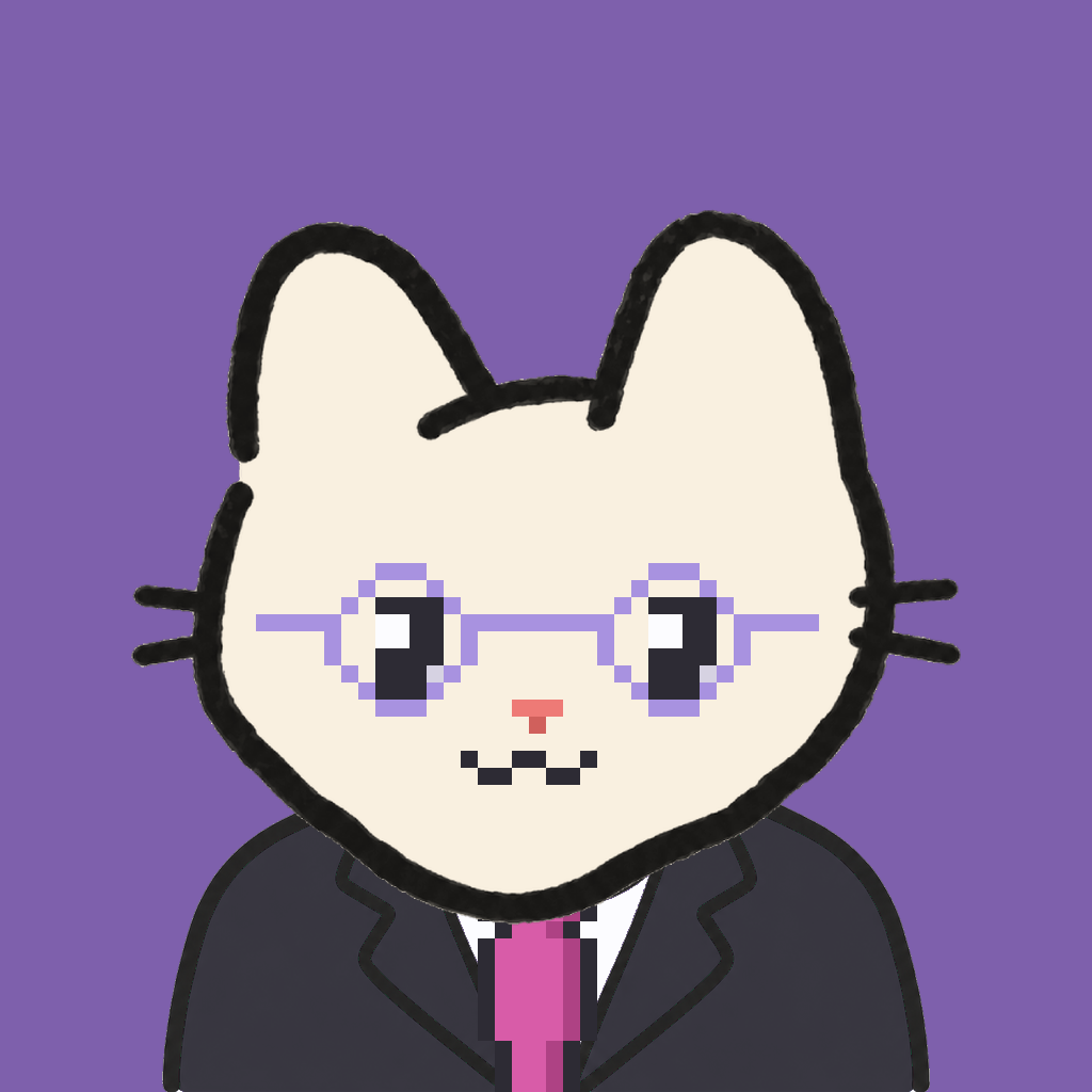 Employee #2619 — a cream cat, in a black suit, with a magenta tie, wearing round-lavender glasses, on plasma violet