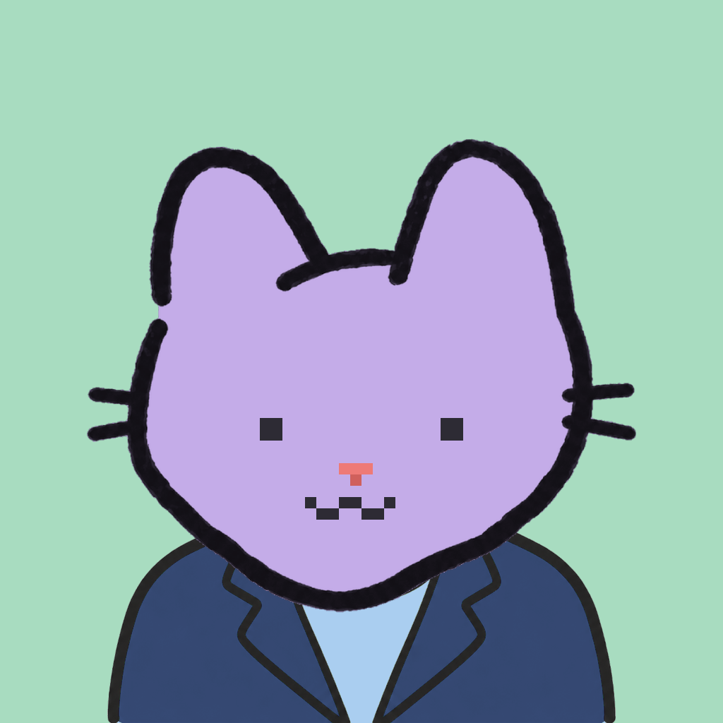 Employee #0262 — a lavender cat, in a navy suit, on mint