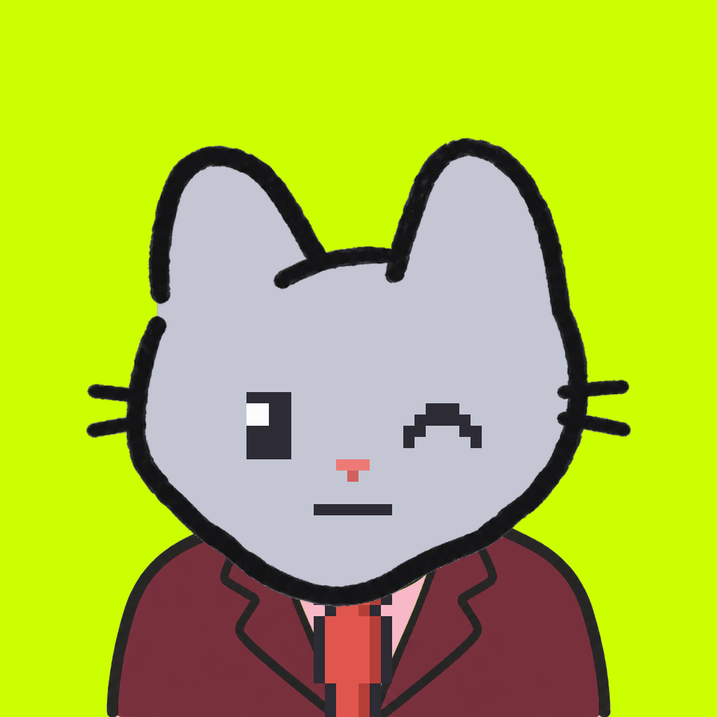 Employee #2620 — a gray cat, in a burgundy suit, with a red tie, on volt
