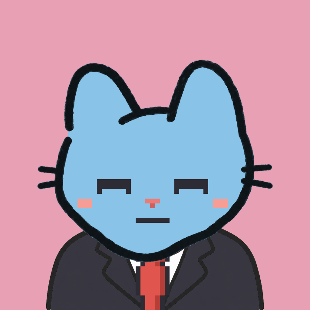 Employee #2621 — a sky cat, in a black suit, with a red tie, on rose