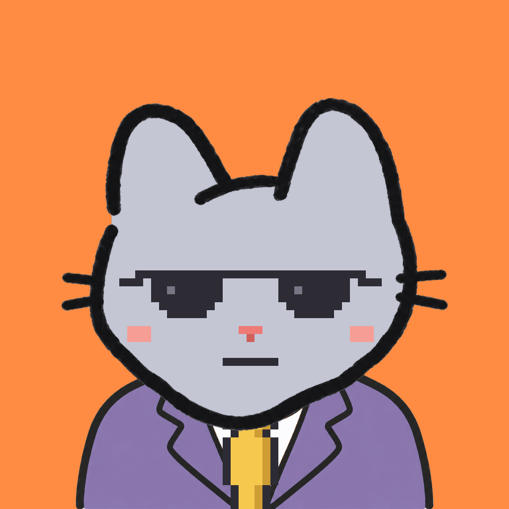 Employee #2622 — a gray cat, in a lavender suit, with a gold tie, wearing shades glasses, on tangerine