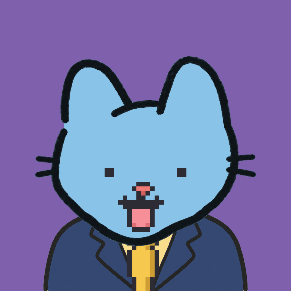 Employee #2623 — a sky cat, in a navy suit, with a gold tie, on plasma violet