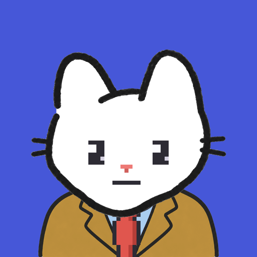 Employee #2625 — a white cat, in a mustard suit, with a red tie, on royal