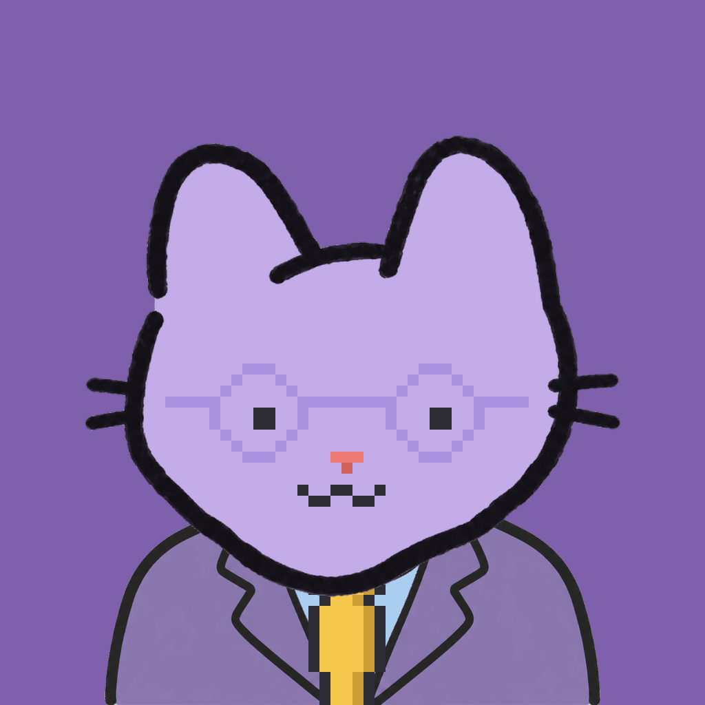 Employee #2626 — a lavender cat, in a lavender suit, with a gold tie, wearing round-lavender glasses, on plasma violet