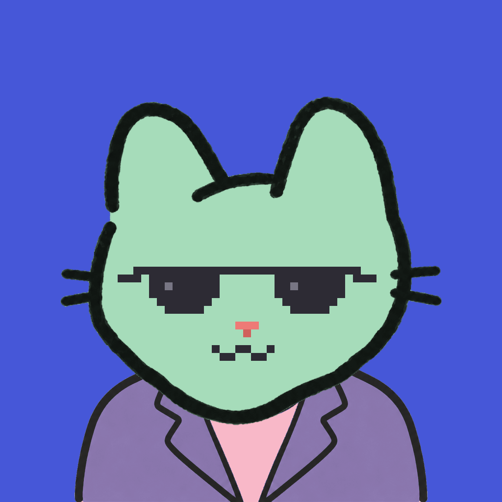 Employee #2627 — a mint cat, in a lavender suit, wearing shades glasses, on royal