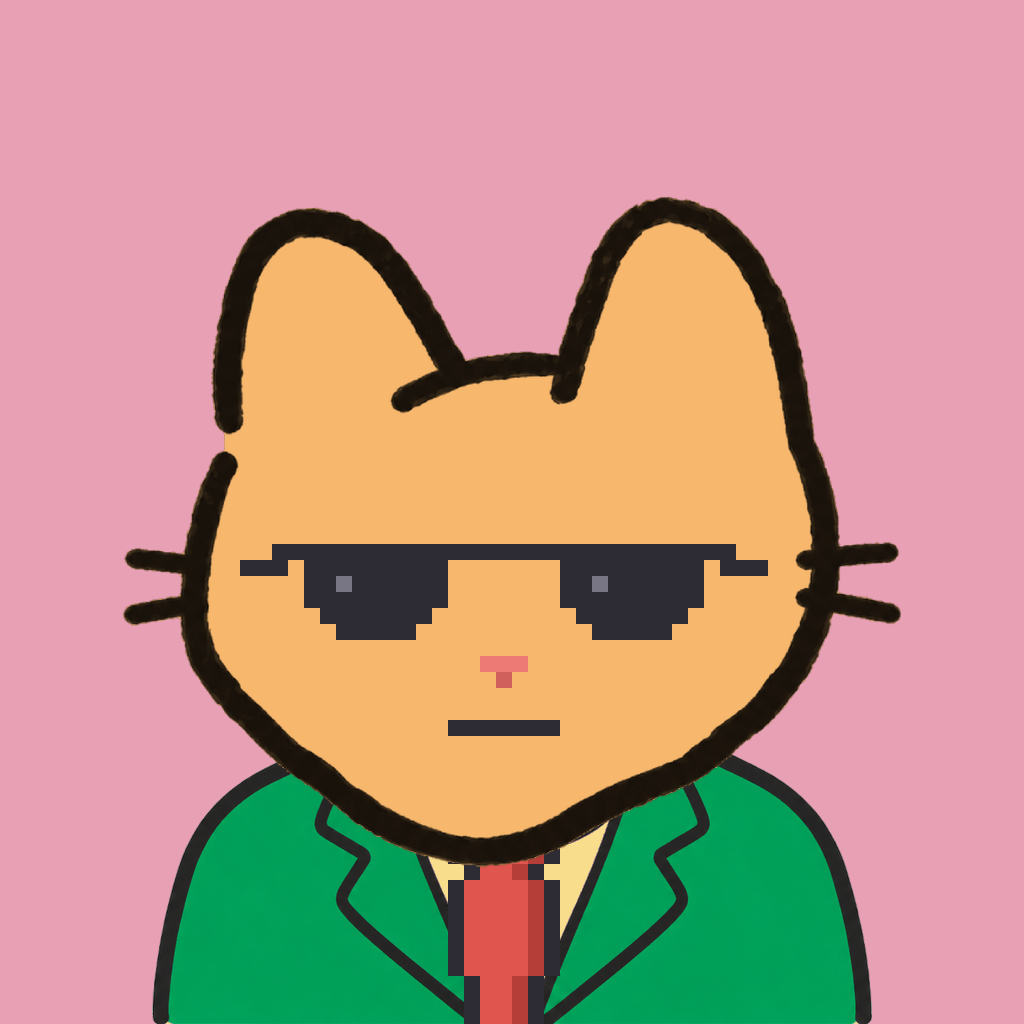 Employee #2628 — a tabby cat, in a green suit, with a red tie, wearing shades glasses, on rose