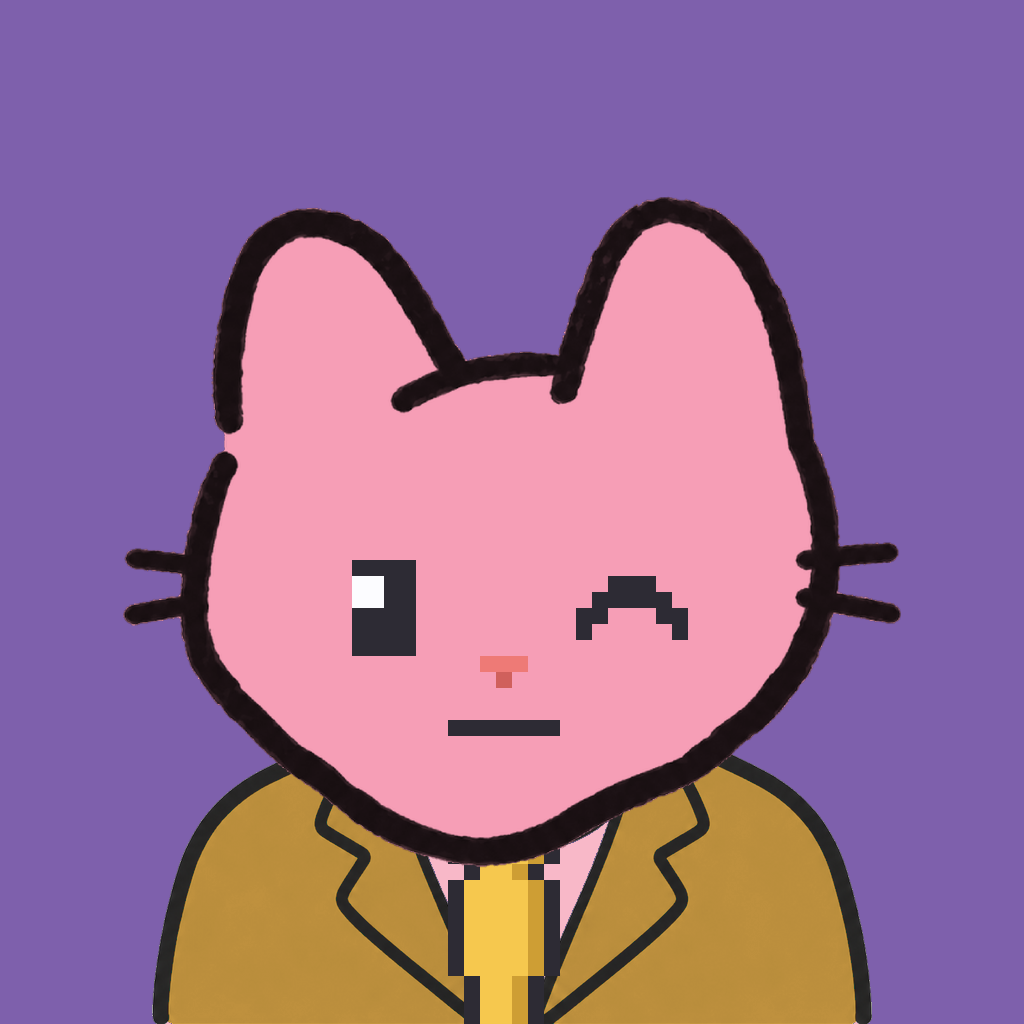 Employee #2629 — a pink cat, in a mustard suit, with a gold tie, on plasma violet