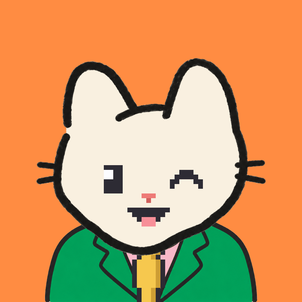 Employee #0263 — a cream cat, in a green suit, with a gold tie, on tangerine