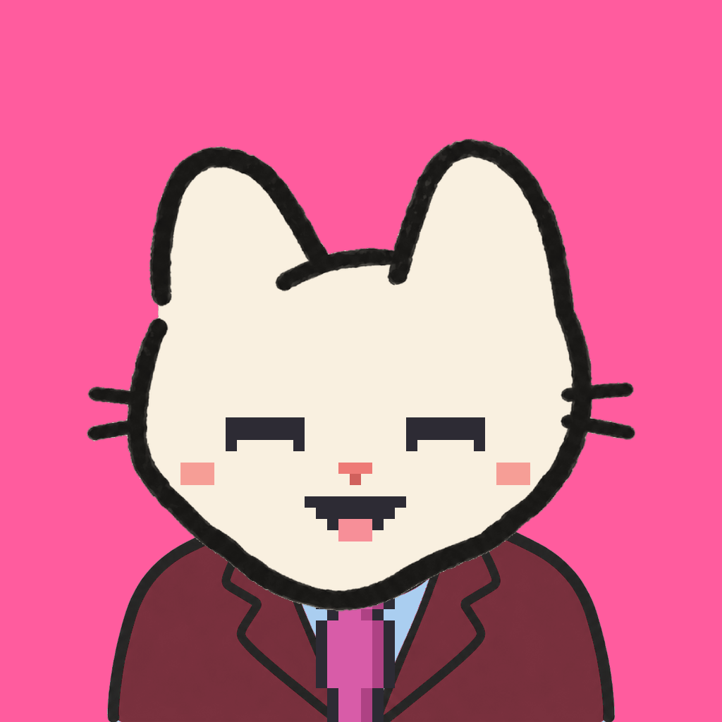 Employee #2630 — a cream cat, in a burgundy suit, with a magenta tie, on hot pink