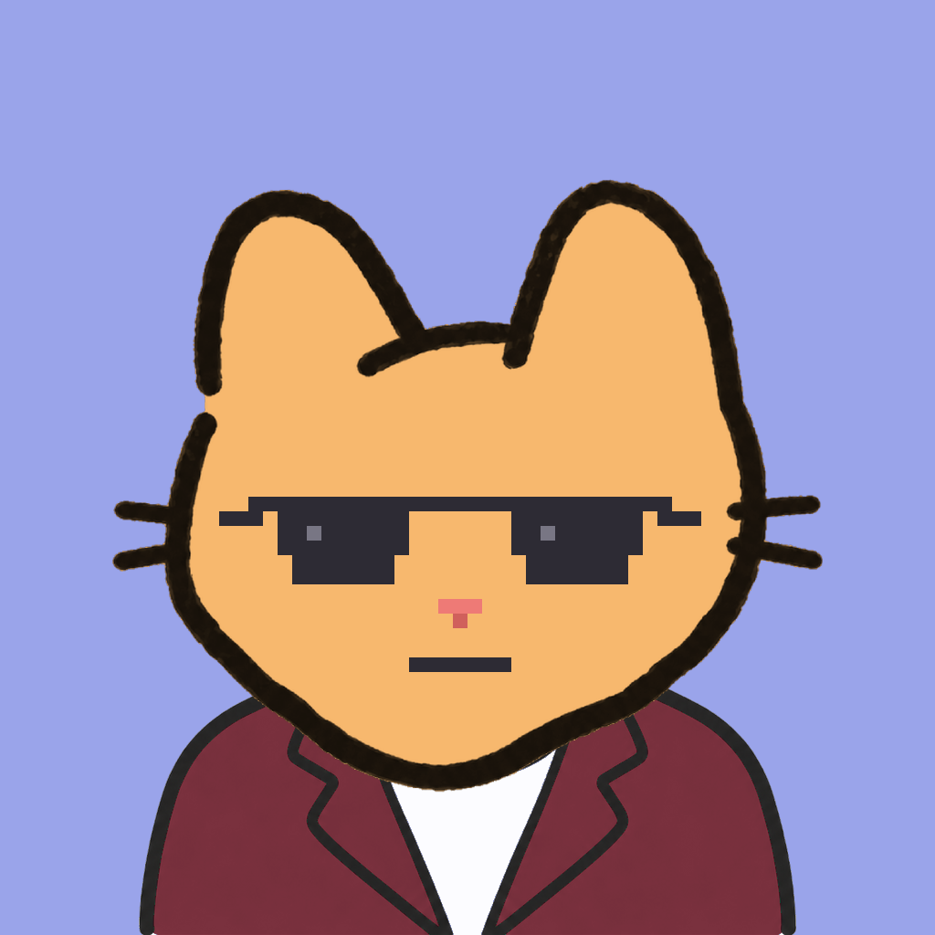 Employee #2631 — a tabby cat, in a burgundy suit, wearing shades glasses, on periwinkle