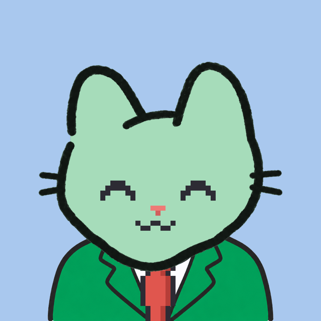 Employee #2632 — a mint cat, in a green suit, with a red tie, on sky