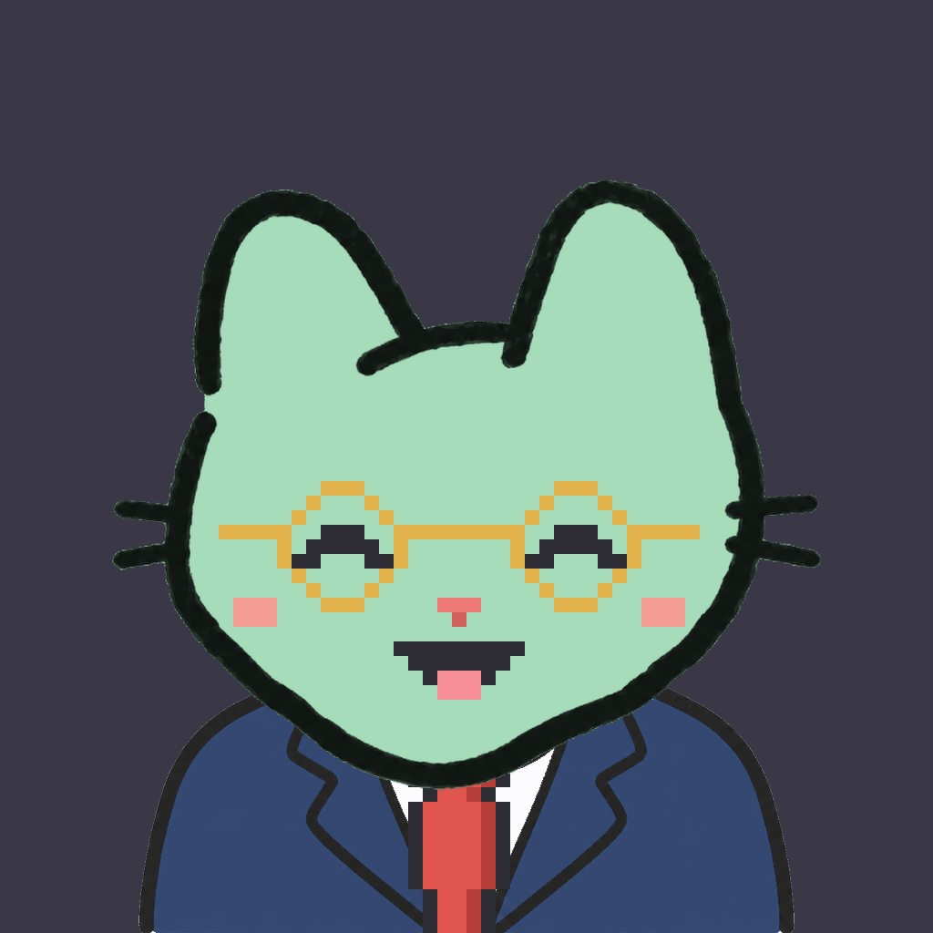 Employee #2633 — a mint cat, in a navy suit, with a red tie, wearing round-gold glasses, on charcoal
