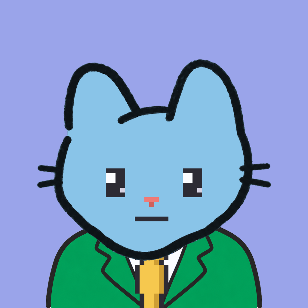 Employee #2634 — a sky cat, in a green suit, with a gold tie, on periwinkle