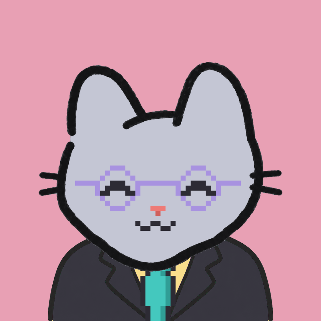 Employee #2635 — a gray cat, in a black suit, with a teal tie, wearing round-lavender glasses, on rose