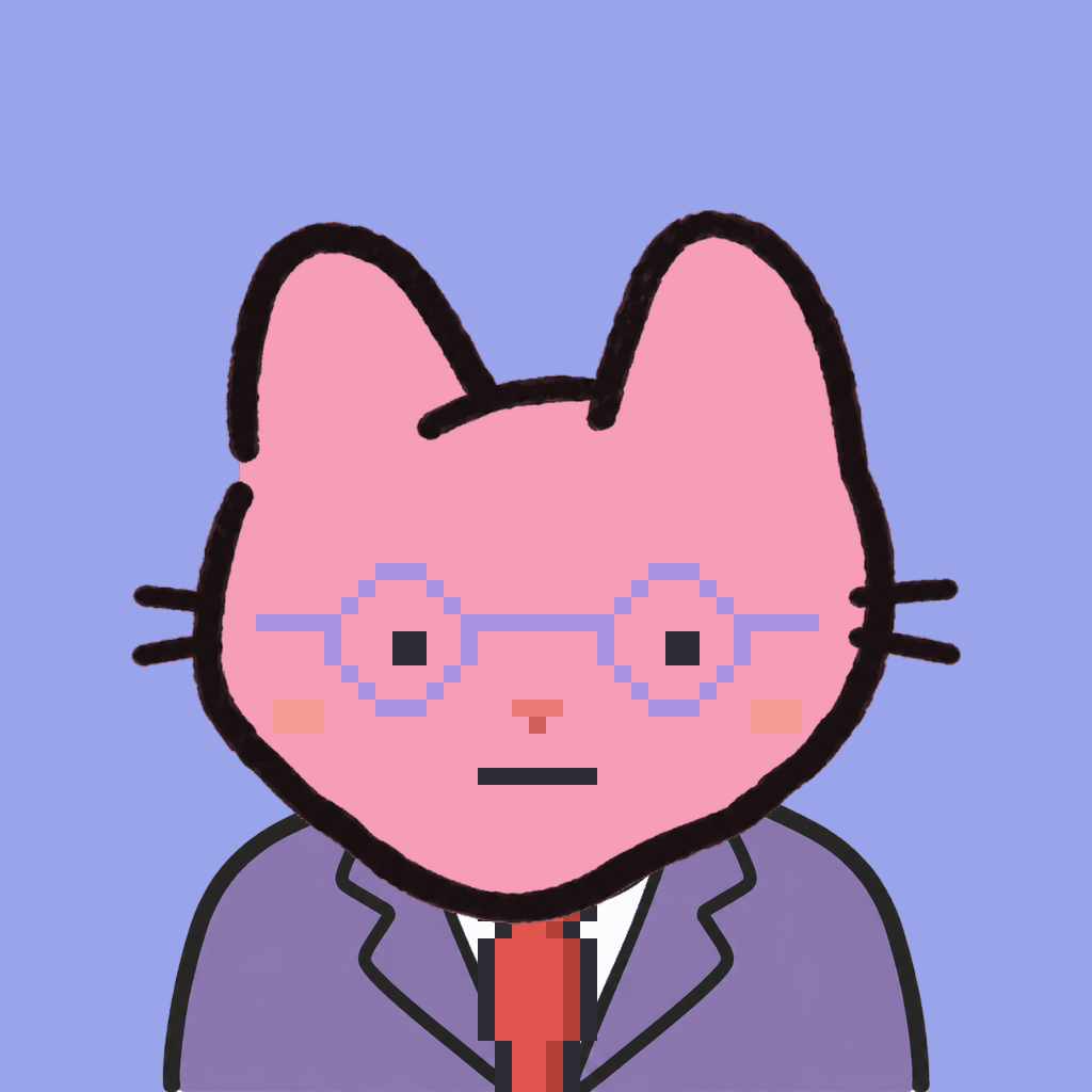 Employee #2636 — a pink cat, in a lavender suit, with a red tie, wearing round-lavender glasses, on periwinkle