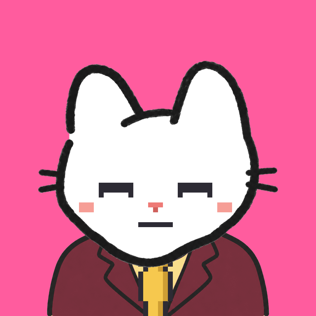 Employee #2638 — a white cat, in a burgundy suit, with a gold tie, on hot pink