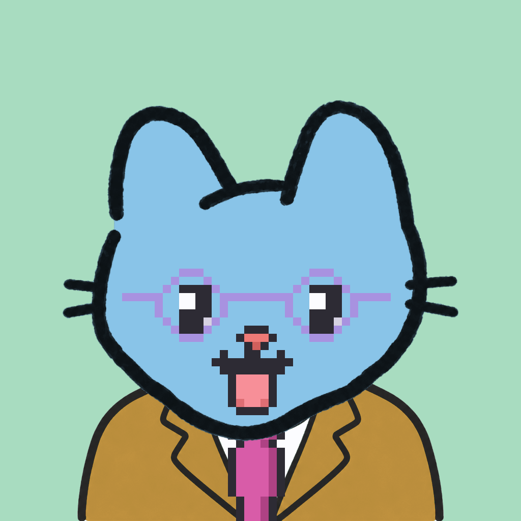 Employee #2639 — a sky cat, in a mustard suit, with a magenta tie, wearing round-lavender glasses, on mint