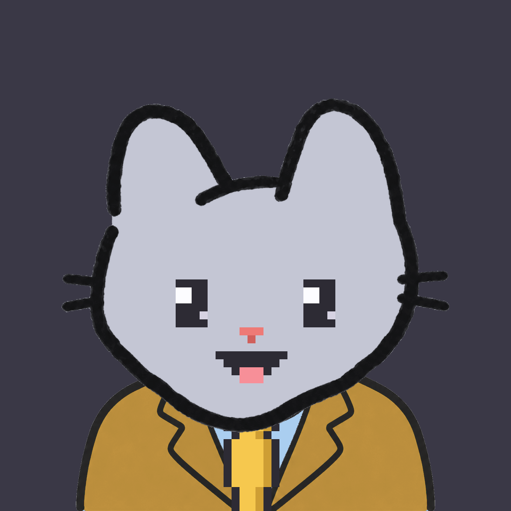 Employee #0264 — a gray cat, in a mustard suit, with a gold tie, on charcoal