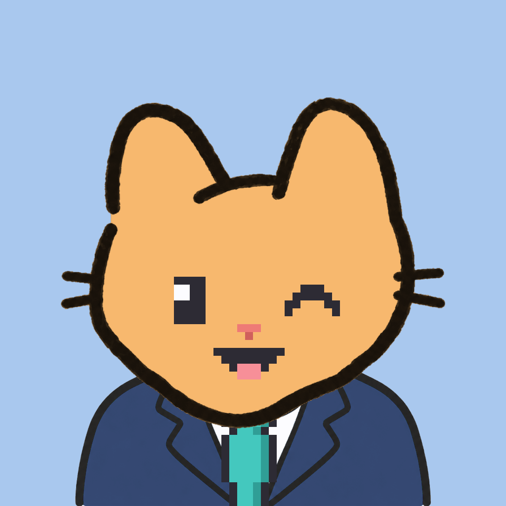 Employee #2640 — a tabby cat, in a navy suit, with a teal tie, on sky