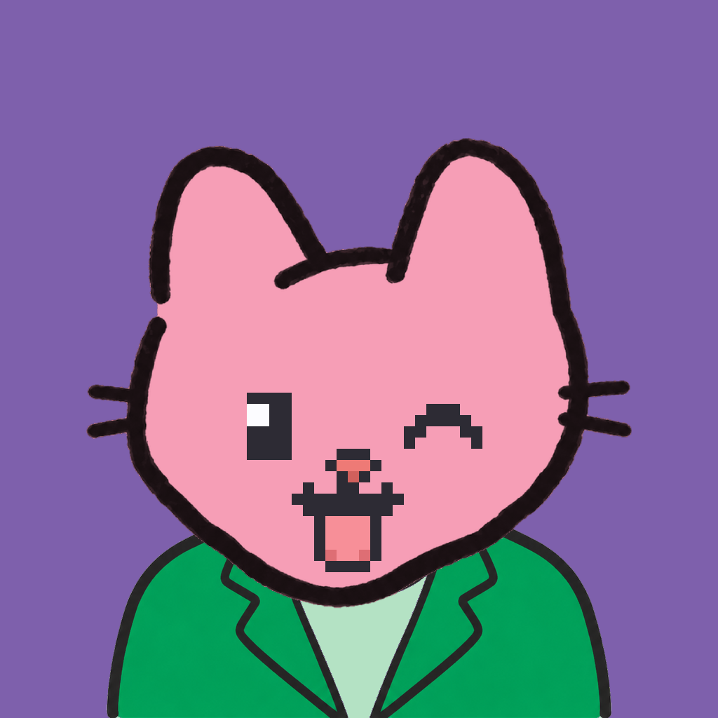 Employee #2641 — a pink cat, in a green suit, on plasma violet