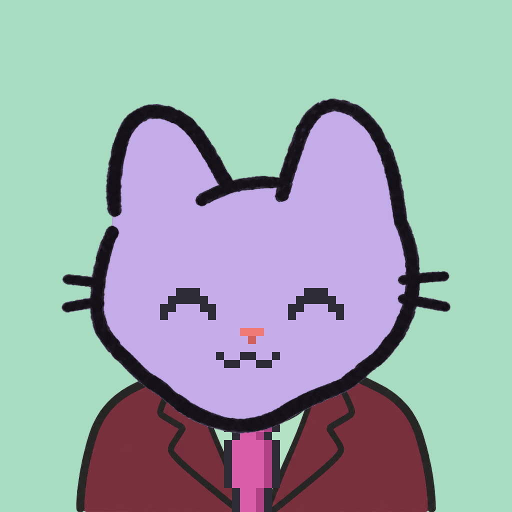 Employee #2642 — a lavender cat, in a burgundy suit, with a magenta tie, on mint