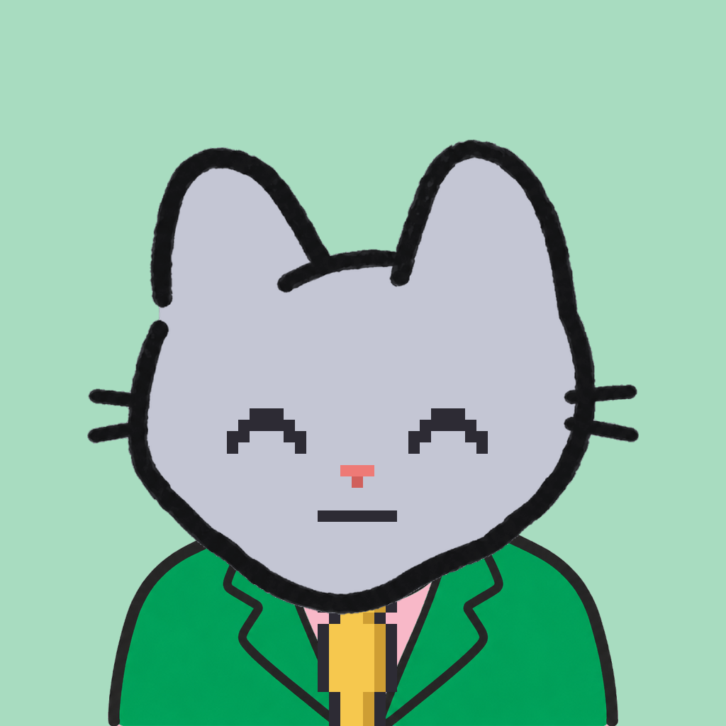 Employee #2643 — a gray cat, in a green suit, with a gold tie, on mint