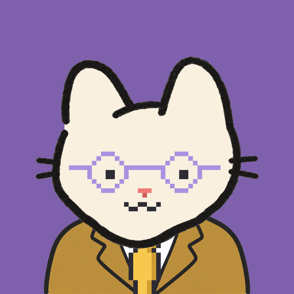 Employee #2644 — a cream cat, in a mustard suit, with a gold tie, wearing round-lavender glasses, on plasma violet