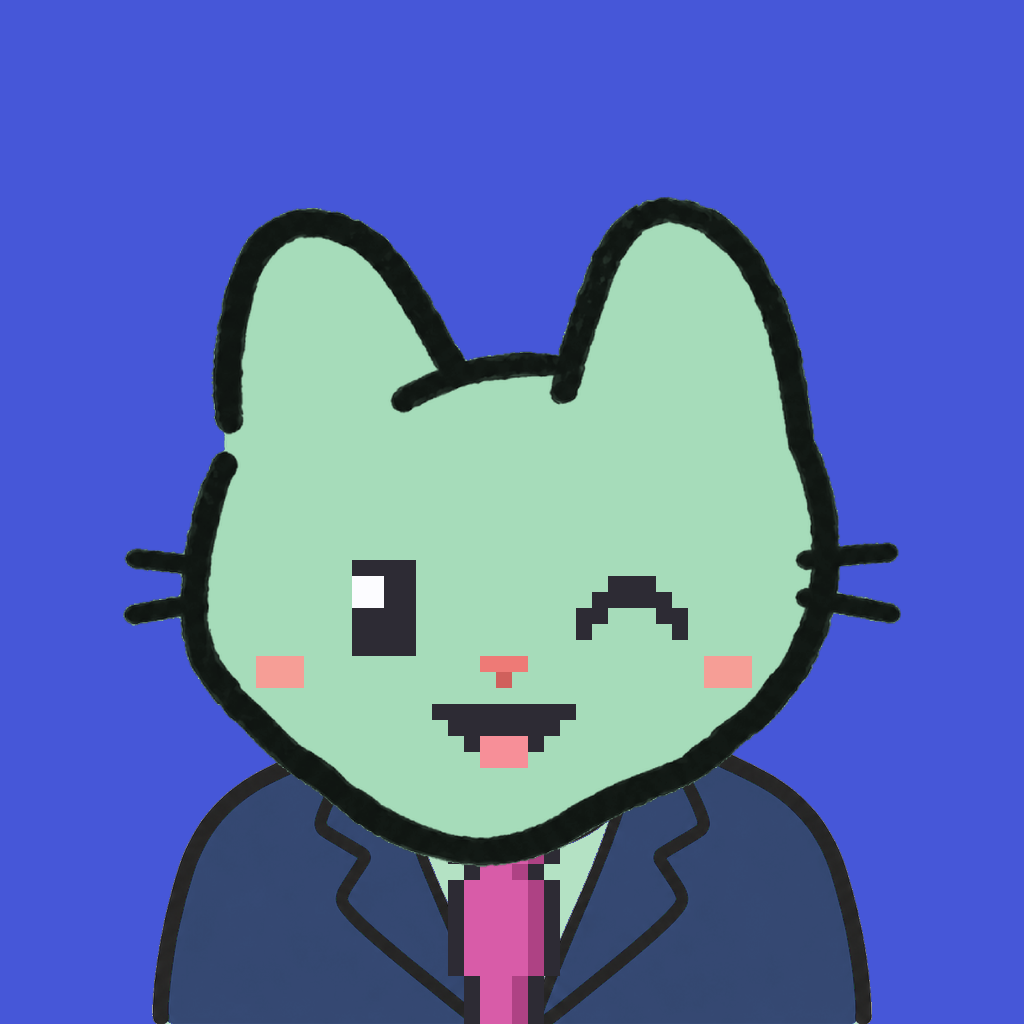 Employee #2645 — a mint cat, in a navy suit, with a magenta tie, on royal