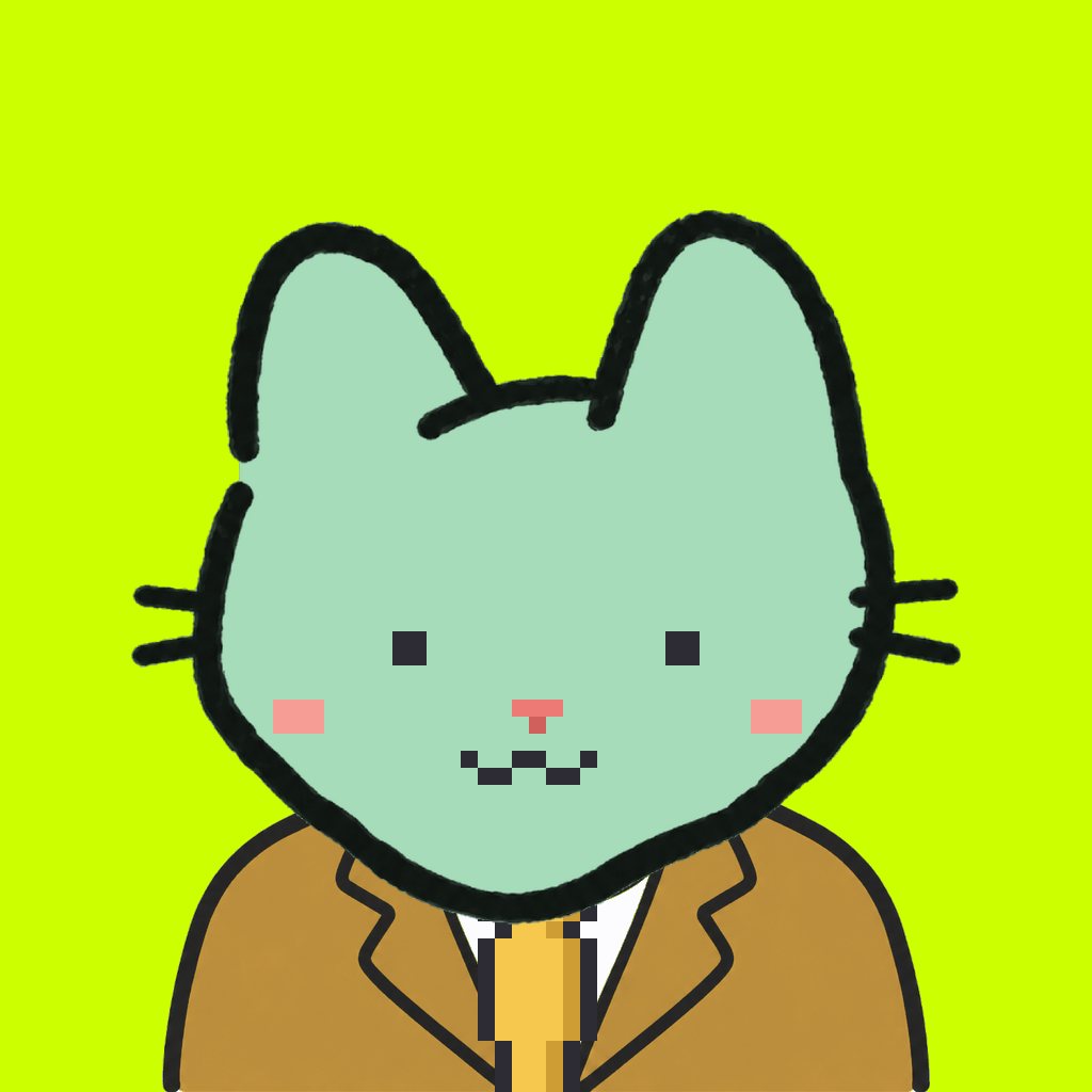 Employee #2647 — a mint cat, in a mustard suit, with a gold tie, on volt