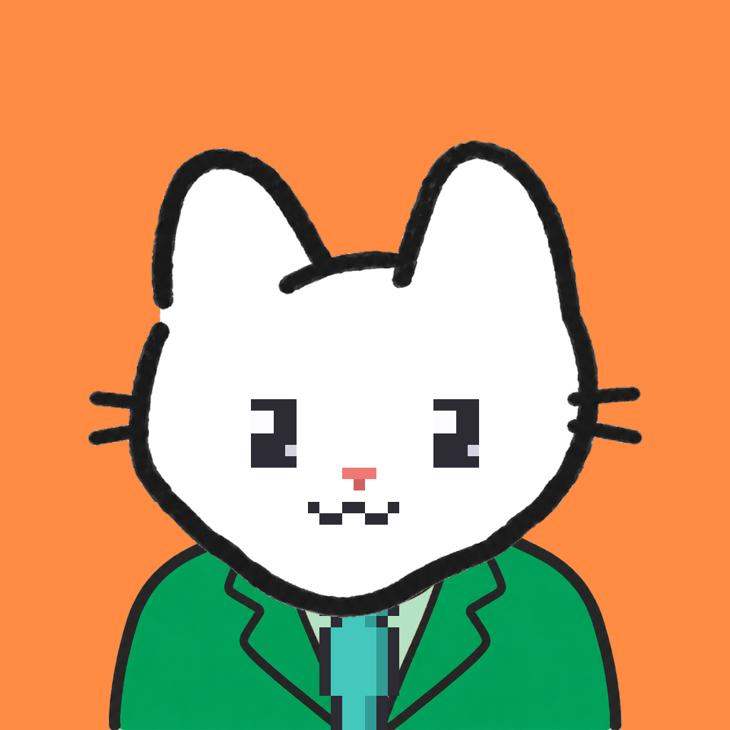 Employee #2648 — a white cat, in a green suit, with a teal tie, on tangerine