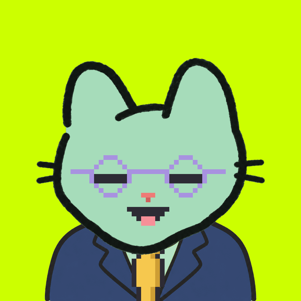 Employee #2649 — a mint cat, in a navy suit, with a gold tie, wearing round-lavender glasses, on volt