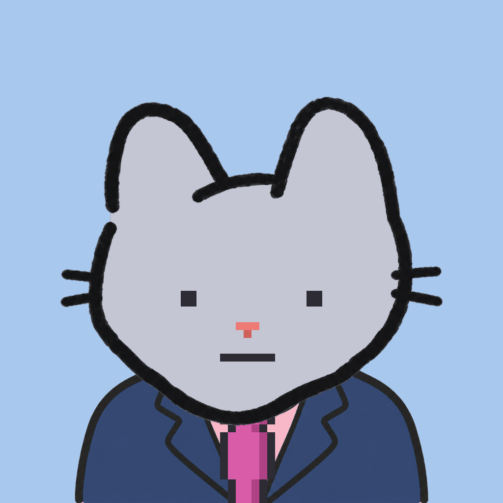 Employee #0265 — a gray cat, in a navy suit, with a magenta tie, on sky