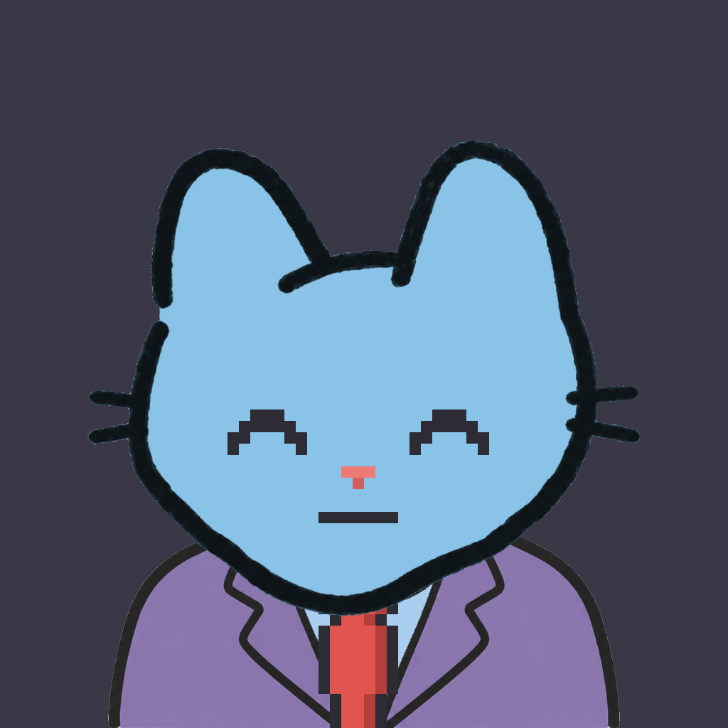 Employee #2650 — a sky cat, in a lavender suit, with a red tie, on charcoal